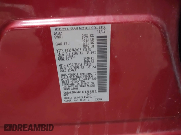2013 Nissan Pathfinder SL with VIN 5N1AR2MM5DC619891, listed as a IAAI auction lot 41976881 with 186,032 mi miles and . Bid and sale history available at DreamBid. Image 9.