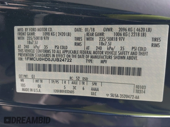 2018 Ford Escape SEL with VIN 1FMCU0HD0JUB24722, listed as a IAAI auction lot 42049106 with 122,400 mi miles and . Bid and sale history available at carsss.com. Image 9.