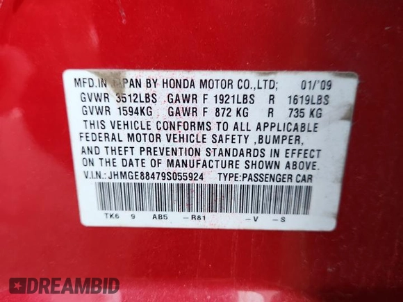 2009 Honda Fit Sport z VIN JHMGE88479S055924, wystawiony jako Copart lot #67186495 z przebiegiem 65 984 mil mil oraz Szkoda całkowita • Salvage title. Historia ofert i sprzedaży dostępna na DreamBid. Obrazek 12.