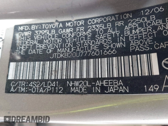 2007 Toyota Prius with VIN JTDKB20U777601666, listed as a IAAI auction lot 42643831 with Not provided miles and . Bid and sale history available at DreamBid. Image 9.