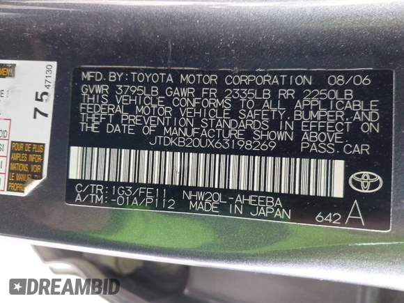 2006 Toyota Prius with VIN JTDKB20UX63198269, listed as a IAAI auction lot 42035926 with Not Provided miles. Bid and sale history available at carsss.com. Image 9.