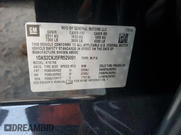 2015 GMC Yukon Denali with VIN 1GKS2CKJ5FR529091, listed as a Copart auction lot 77325934 with 0 mi miles and Clean Title. Bid and sale history available at carsss.com. Image 13.
