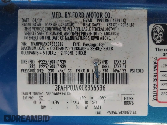 2012 Ford Fusion SEL with VIN 3FAHP0JAXCR356536, listed as a IAAI auction lot 42610176 with 118,728 mi miles and . Bid and sale history available at DreamBid. Image 9.