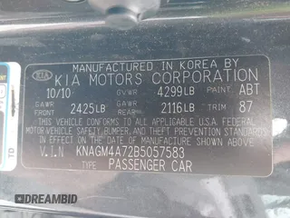 2011 Kia Optima LX with VIN KNAGM4A72B5057583, listed as a IAAI auction lot 41649320 with 207,898 mi miles and . Bid and sale history available at DreamBid. Image 9.