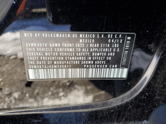 2013 Volkswagen Jetta Sedan S with VIN 3VW2K7AJ4DM295817, listed as a Copart auction lot 45656685 with 208,329 mi miles and Salvage Title. Bid and sale history available at carsss.com. Image 12.