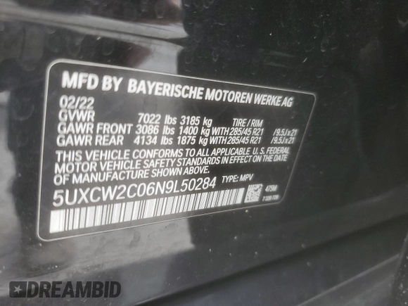 2022 BMW X7 xDrive40i with VIN 5UXCW2C06N9L50284, listed as a Copart auction lot 46737505 with 0 mi miles and Salvage Title. Bid and sale history available at carsss.com. Image 16.