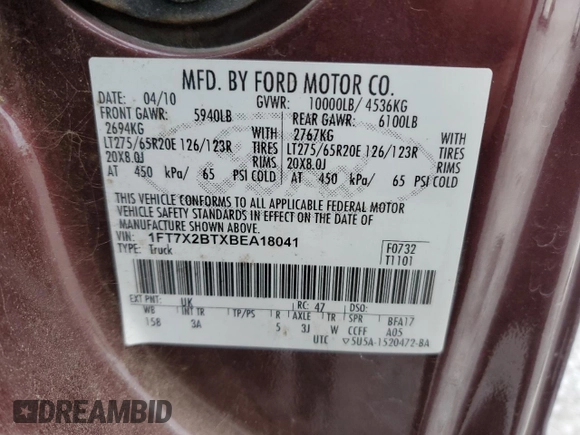 2011 Ford F-250 XL with VIN 1FT7X2BTXBEA18041, listed as a Copart auction lot 41991455 with 111,915 mi miles and Salvage Title. Bid and sale history available at DreamBid. Image 14.