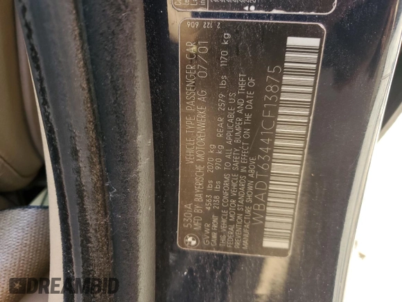 2001 BMW 5 Series 530iA with VIN WBADT63441CF13875, listed as a Copart auction lot 51826235 with 0 mi miles and Salvage Title. Bid and sale history available at carsss.com. Image 14.