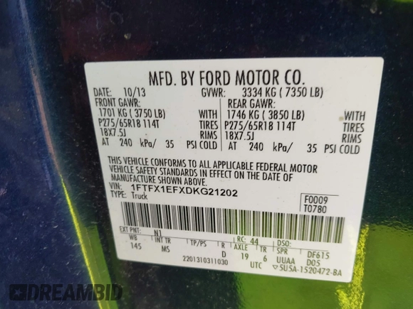 2013 Ford F-150 XL with VIN 1FTFX1EFXDKG21202, listed as a IAAI auction lot 41833771 with 142,152 mi miles. Bid and sale history available at carsss.com. Image 9.
