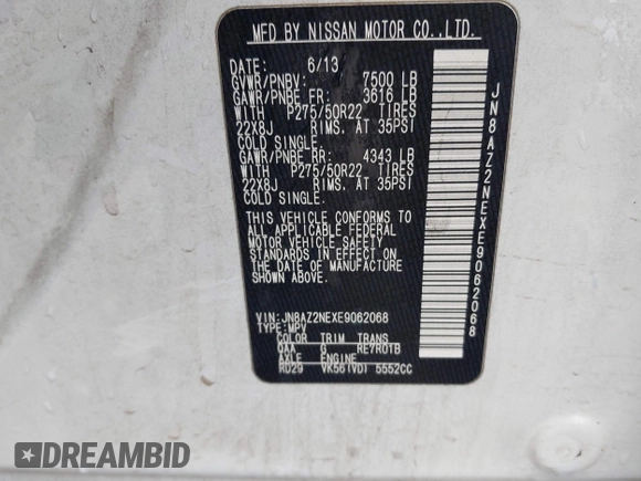 2014 Infiniti QX80 with VIN JN8AZ2NEXE9062068, listed as a IAAI auction lot 42378512 with 235,256 mi miles and . Bid and sale history available at DreamBid. Image 9.