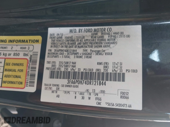 2013 Ford Fusion SE z VIN 3FA6P0H74DR121844, wystawiony jako IAAI lot #42192590 z przebiegiem 243 433 mil mil oraz . Historia ofert i sprzedaży dostępna na DreamBid. Obrazek 9.