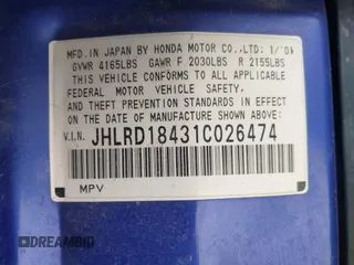 2001 Honda CR-V LX z VIN JHLRD18431C026474, wystawiony jako IAAI lot #42326248 z przebiegiem 245 819 mil mil oraz . Historia ofert i sprzedaży dostępna na DreamBid. Obrazek 9.
