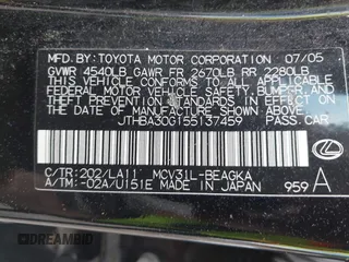 2005 Lexus ES 350 with VIN JTHBA30G155137459, listed as a IAAI auction lot 42541403 with 226,023 mi miles and . Bid and sale history available at DreamBid. Image 9.
