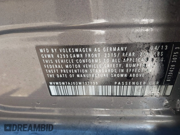 2013 Volkswagen Golf TDI z VIN WVWDM7AJ0DW137139, wystawiony jako IAAI lot #41390911 z przebiegiem 88 693 mil mil oraz . Historia ofert i sprzedaży dostępna na DreamBid. Obrazek 9.