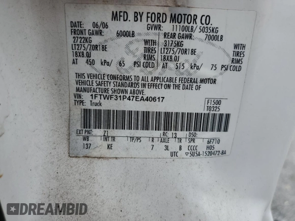 2007 Ford F-350 XL with VIN 1FTWF31P47EA40617, listed as a Copart auction lot 58085165 with 165,054 mi miles and Clean title. Bid and sale history available at DreamBid. Image 12.