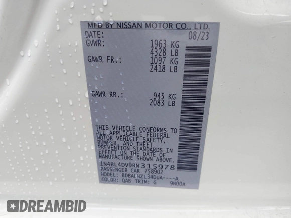 2024 Nissan Altima SV с VIN 1N4BL4DV9RN315978, выставлен на аукционе IAAI как лот 41942923 с пробегом 22 389 миль миль и . История ставок и продаж доступна на DreamBid. Изображение 9.