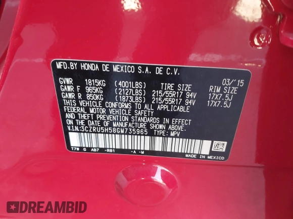 2016 Honda HR-V EX with VIN 3CZRU5H58GM735965, listed as a IAAI auction lot 41848080 with 60,387 mi miles. Bid and sale history available at carsss.com. Image 9.