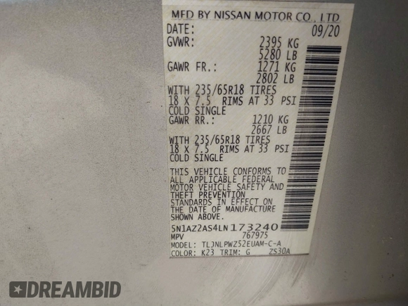 2020 Nissan Murano S with VIN 5N1AZ2AS4LN173240, listed as a IAAI auction lot 37473427 with 53,915 mi miles and . Bid and sale history available at DreamBid. Image 9.