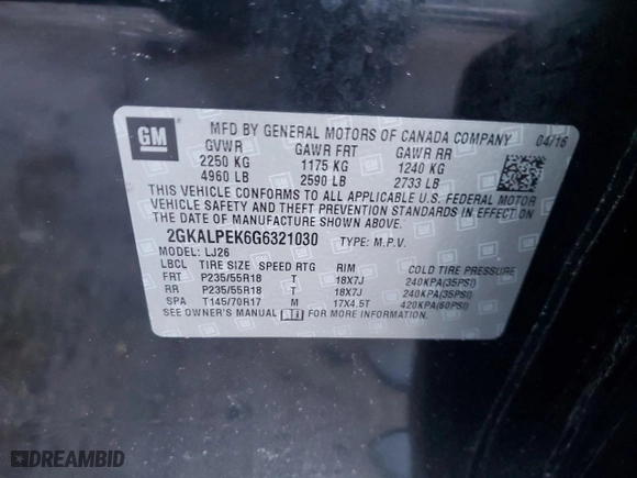 2016 GMC Terrain SLT with VIN 2GKALPEK6G6321030, listed as a Copart auction lot 89150295 with 106,474 mi miles and Salvage Title. Bid and sale history available at carsss.com. Image 15.