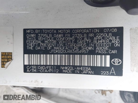 2008 Toyota Prius z VIN JTDKB20U483454957, wystawiony jako IAAI lot #42358477 z przebiegiem 256 781 mil mil oraz . Historia ofert i sprzedaży dostępna na DreamBid. Obrazek 9.