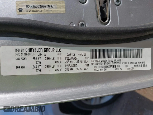 2013 Jeep Patriot Sport with VIN 1C4NJRBB0DD274948, listed as a IAAI auction lot 42330763 with 142,705 mi miles and . Bid and sale history available at DreamBid. Image 9.