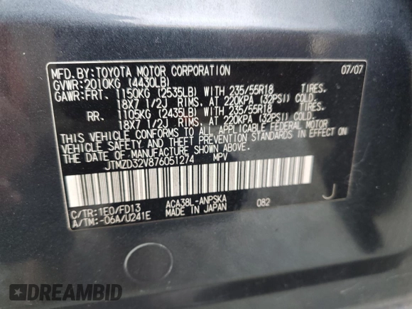 2007 Toyota RAV4 Sport with VIN JTMZD32V876051274, listed as a Copart auction lot 46070385 with 261,520 mi miles and Salvage Title. Bid and sale history available at carsss.com. Image 13.