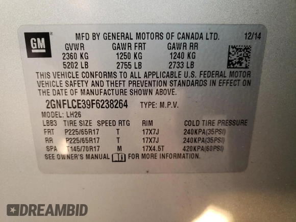2015 Chevrolet Equinox LT with VIN 2GNFLCE39F6238264, listed as a Copart auction lot 71345202 with 142,325 mi miles and Salvage Title. Bid and sale history available at carsss.com. Image 13.