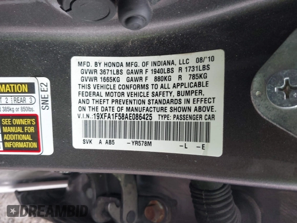 2010 Honda Civic LX with VIN 19XFA1F58AE086425, listed as a IAAI auction lot 42225137 with 186,755 mi miles and . Bid and sale history available at DreamBid. Image 9.