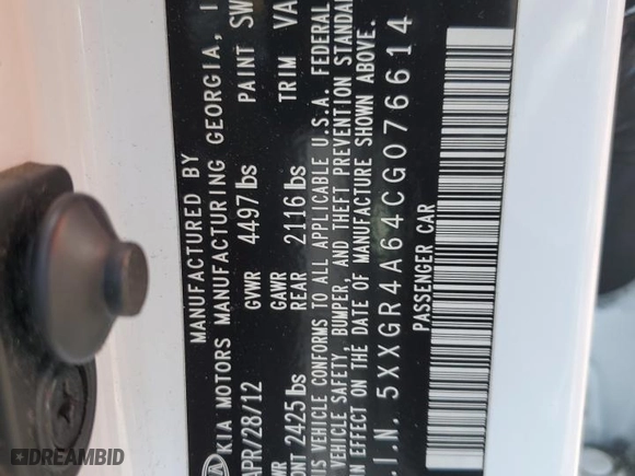 2012 Kia Optima SX with VIN 5XXGR4A64CG076614, listed as a Copart auction lot 50908745 with 191,623 mi miles and Clean Title. Bid and sale history available at carsss.com. Image 12.