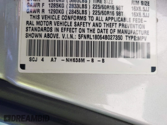 2004 Honda Odyssey EX-L with VIN 5FNRL18064B027350, listed as a IAAI auction lot 42281754 with Not provided miles and . Bid and sale history available at DreamBid. Image 9.
