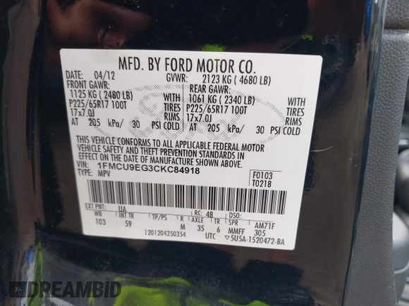 2012 Ford Escape Limited with VIN 1FMCU9EG3CKC84918, listed as a IAAI auction lot 42579894 with 171,127 mi miles and . Bid and sale history available at DreamBid. Image 9.