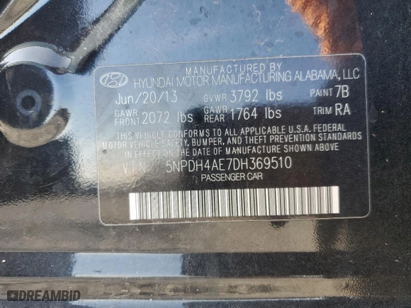 2013 Hyundai Elantra GLS with VIN 5NPDH4AE7DH369510, listed as a Copart auction lot 49780505 with 94,834 mi miles and Salvage Title. Bid and sale history available at carsss.com. Image 14.