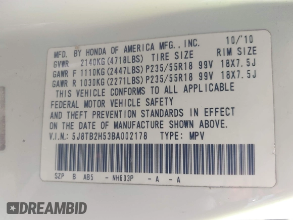 2011 Acura RDX Tech Pkg with VIN 5J8TB2H53BA002178, listed as a IAAI auction lot 41965035 with 175,196 mi miles. Bid and sale history available at carsss.com. Image 9.