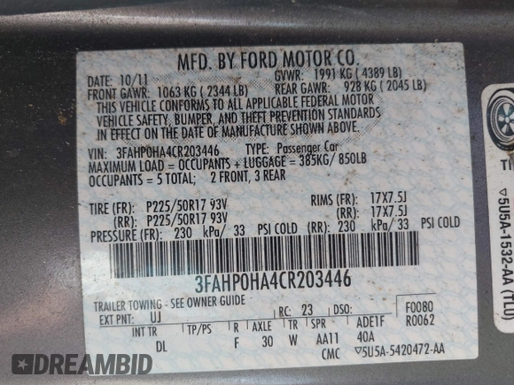 2012 Ford Fusion SE with VIN 3FAHP0HA4CR203446, listed as a IAAI auction lot 42093330 with 185,703 mi miles. Bid and sale history available at carsss.com. Image 9.