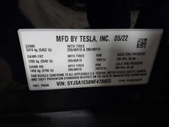 2022 Tesla Model S with VIN 5YJSA1E58NF478403, listed as a IAAI auction lot 41533099 with 42,779 mi miles and . Bid and sale history available at DreamBid. Image 9.