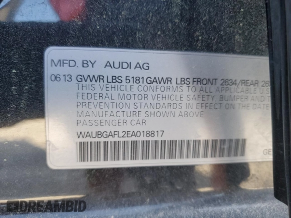 2014 Audi S4 Premium Plus with VIN WAUBGAFL2EA018817, listed as a Copart auction lot 53327765 with 66,619 mi miles and Salvage Title. Bid and sale history available at carsss.com. Image 14.