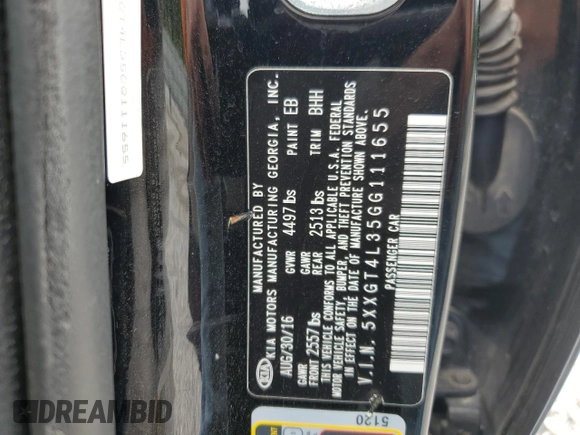 2016 Kia Optima LX with VIN 5XXGT4L35GG111655, listed as a Copart auction lot 64983285 with 79,981 mi miles and Clean title. Bid and sale history available at DreamBid. Image 12.