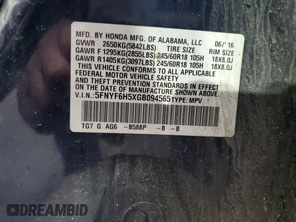2016 Honda Pilot EX-L with VIN 5FNYF6H5XGB094565, listed as a Copart auction lot 54377125 with 235,647 mi miles and Salvage Title. Bid and sale history available at carsss.com. Image 13.