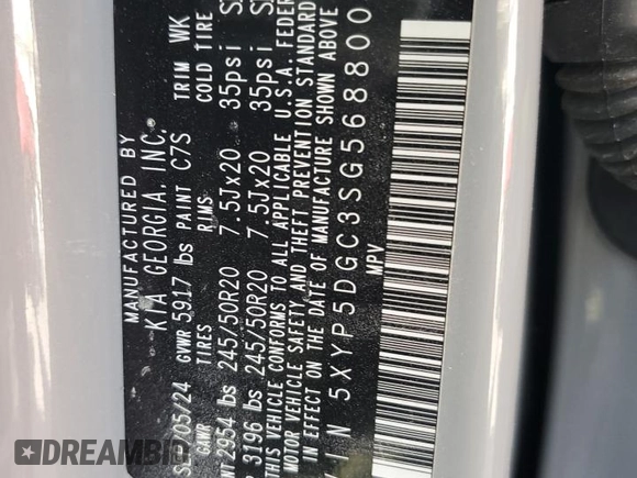 2025 Kia Telluride SX X-Line with VIN 5XYP5DGC3SG568800, listed as a Copart auction lot 57134715 with Not provided miles and Salvage title. Bid and sale history available at DreamBid. Image 13.