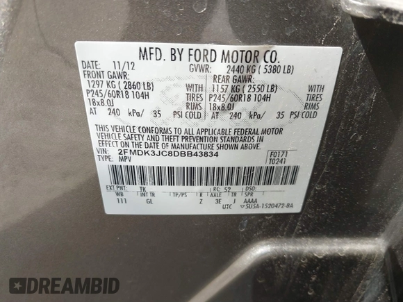 2013 Ford Edge SEL with VIN 2FMDK3JC8DBB43834, listed as a IAAI auction lot 41788976 with 153,907 mi miles. Bid and sale history available at carsss.com. Image 9.