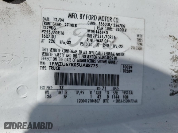 2005 Ford Explorer Sport Trac XLS z VIN 1FMZU67K05UA88775, wystawiony jako Copart lot #57905085 z przebiegiem 303 258 mil mil oraz Szkoda całkowita • Salvage title. Historia ofert i sprzedaży dostępna na DreamBid. Obrazek 12.