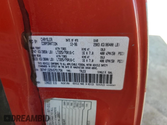 1997 Dodge 1500 with VIN 3B7HF13Z9VG751750, listed as a Copart auction lot 48537545 with Not Provided miles and Salvage Title. Bid and sale history available at DreamBid. Image 14.