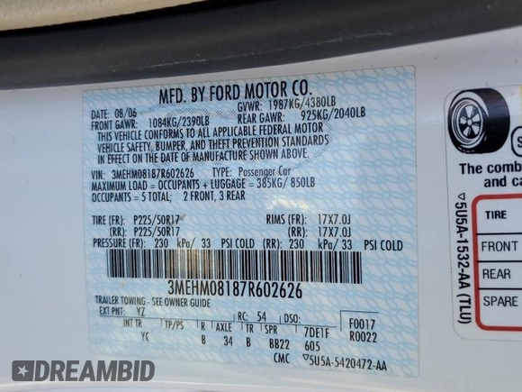 2007 Mercury Milan Premier with VIN 3MEHM08187R602626, listed as a Copart auction lot 59989294 with 128,471 mi miles and Salvage Title. Bid and sale history available at carsss.com. Image 14.