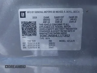 2020 Chevrolet Trax LS with VIN 3GNCJNSB4LL176912, listed as a IAAI auction lot 41746543 with 101,389 mi miles. Bid and sale history available at carsss.com. Image 9.