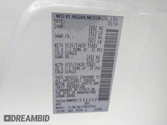 2014 Infiniti QX60 с VIN 5N1AL0MM9EC531322, выставлен на аукционе IAAI как лот 42321651 с пробегом 118 725 миль миль и . История ставок и продаж доступна на DreamBid. Изображение 9.