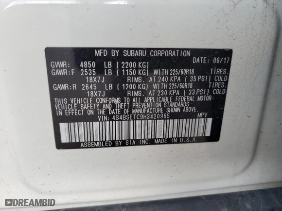 2017 Subaru Outback Touring with VIN 4S4BSETC9H3420965, listed as a Copart auction lot 78900404 with 55,707 mi miles and Salvage Title. Bid and sale history available at carsss.com. Image 15.