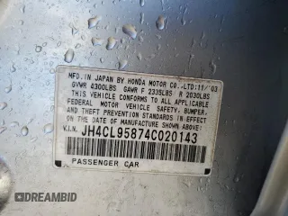 2004 Acura TSX with VIN JH4CL95874C020143, listed as a Copart auction lot 83622394 with 133,539 mi miles and Salvage title. Bid and sale history available at DreamBid. Image 12.