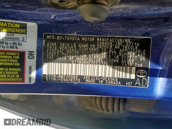 2014 Toyota Corolla L with VIN 2T1BURHE5EC217820, listed as a Copart auction lot 61541155 with 234,554 mi miles and Clean title. Bid and sale history available at DreamBid. Image 12.