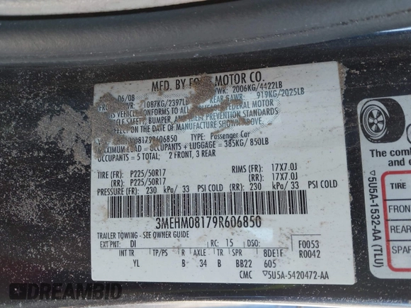 2009 Mercury Milan Premier with VIN 3MEHM08179R606850, listed as a IAAI auction lot 41295061 with Not Provided miles and . Bid and sale history available at DreamBid. Image 9.
