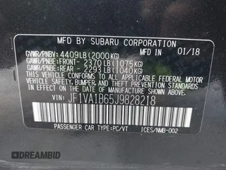 2018 Subaru WRX Premium with VIN JF1VA1B65J9828218, listed as a IAAI auction lot 40550359 with 50,189 mi miles. Bid and sale history available at carsss.com. Image 9.